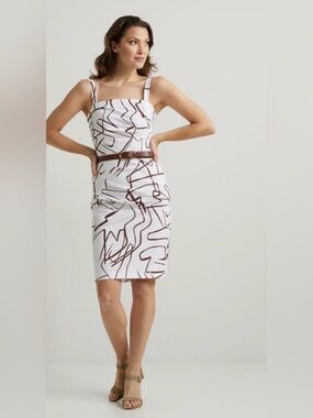 Joseph Ribkoff Knee-Length Bodycon Dress White & Brown Abstract KY Derby Dress